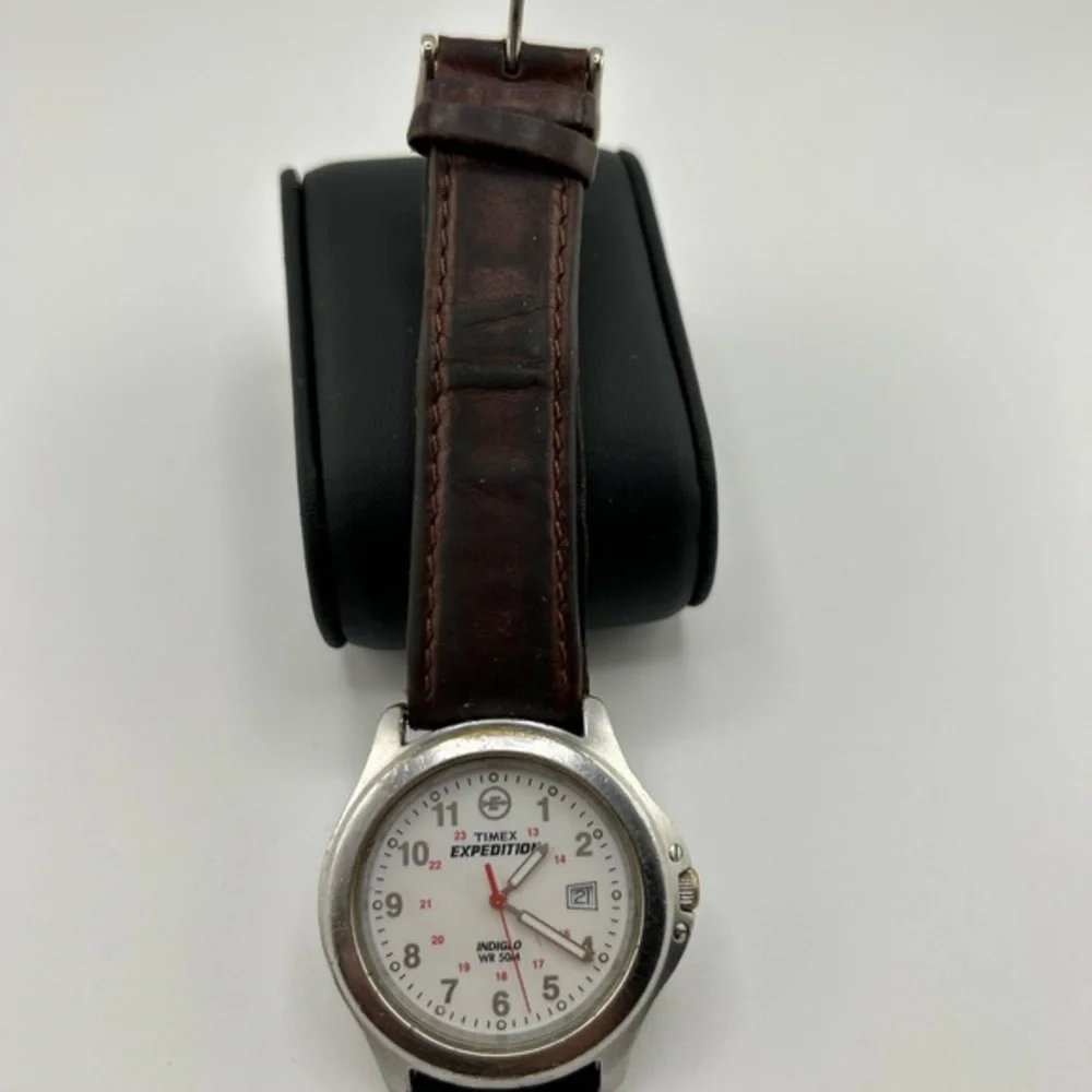 Timex Expedition Mens White Dial Indiglo Field Watch Brown Leather #574